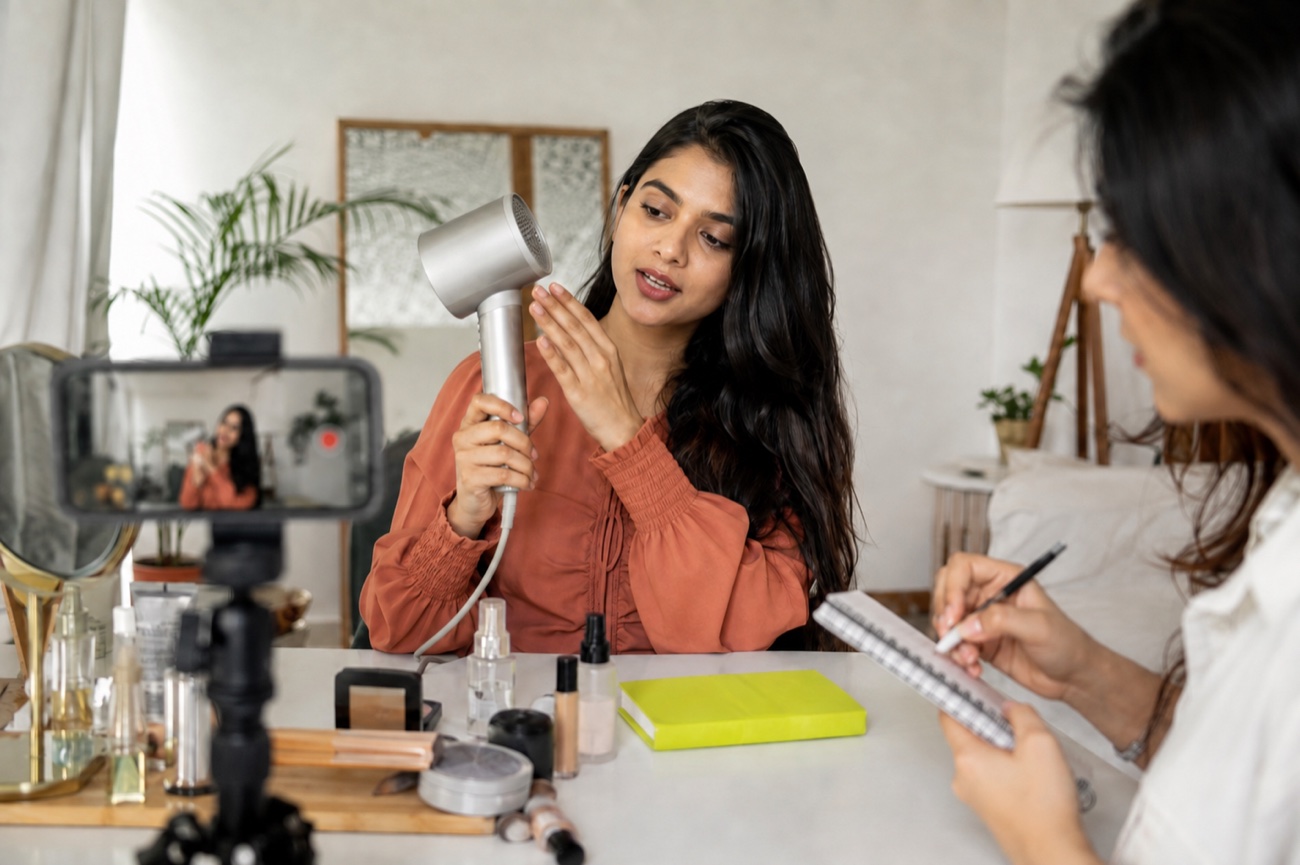Concept scene of a creator demonstrating a hair dryer during a content shoot